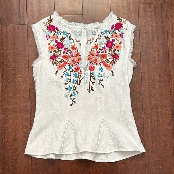 Sundance Tops - Sundance White Peplum Top with Multicolor Floral Embroidery, Size Medium